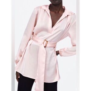 Zara Basic Satin Belted Blouse Dress. Pink. XS